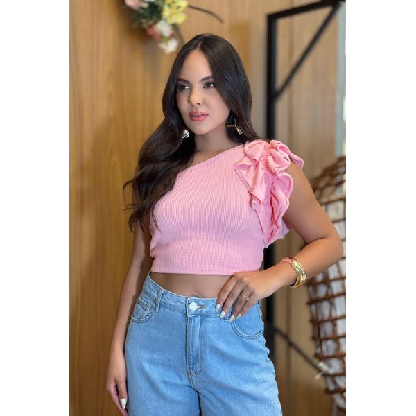 Cropped Tricô Viviane Rosa | Ombro Único e Babados Sofisticação e Modernidade do P ao GG