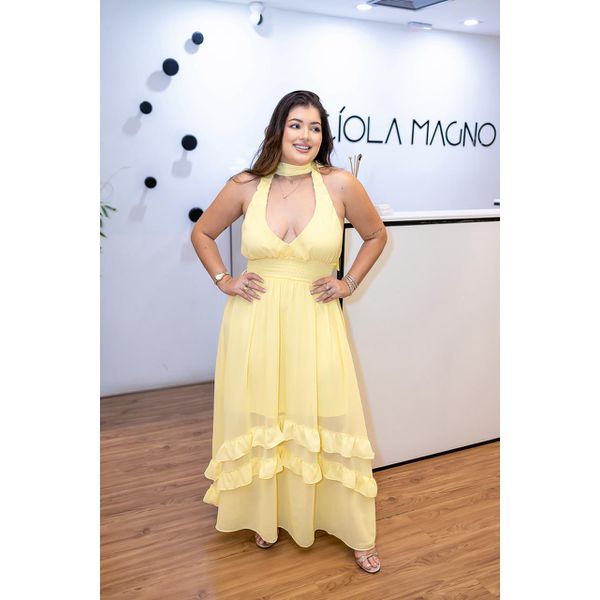 Vestido Marisol Amarelo | Crepe Seda, Decote em V e Amarração no Pescoço Sofisticação Atemporal do 36 ao 44 