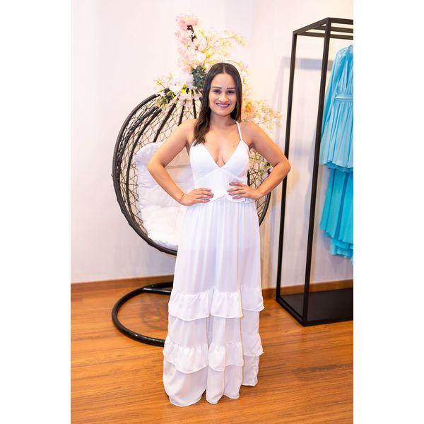 Vestido Aurora Longo Branco | Decote Profundo e Babados – Elegância e Ousadia do 36 ao 44 