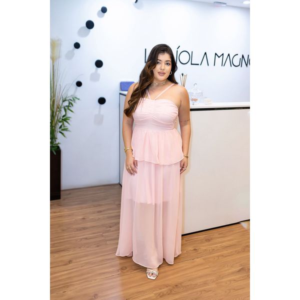 Vestido Georgina Longo Crepe Seda Rosa Bebê | Decote com Amarração, Cintura Marcada e Babado – Elegância e Versatilidade do 36 ao 44 