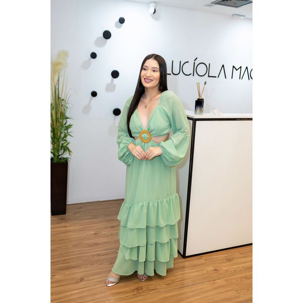 Vestido Iris Longo Verde com Recortes e Fivela – Elegância Fluida com Toque Sofisticado do 36 ao 44