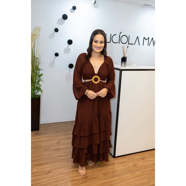 Vestido Iris Longo Marrom com Recortes e Fivela – Elegância Fluida com Toque Sofisticado do 36 ao 44