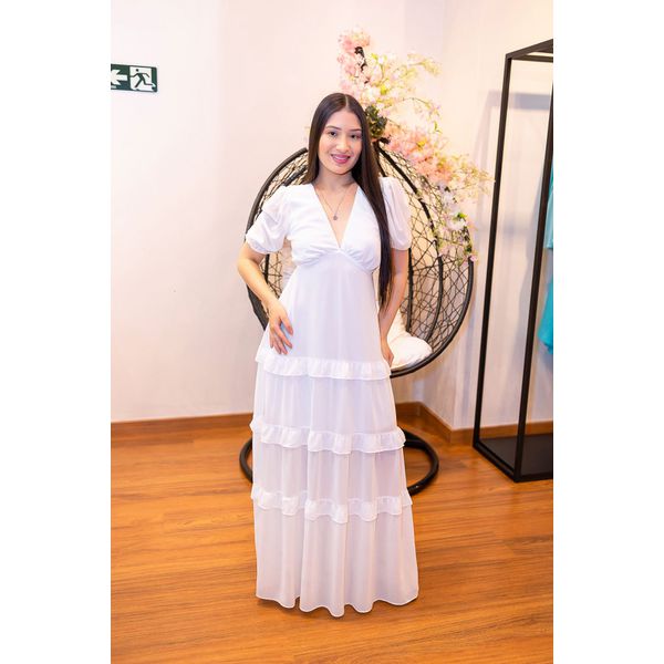 Vestido José Maria Branco | Decote Profundo e Mangas Bufantes – Sofisticação e Feminilidade do 36 ao 44 