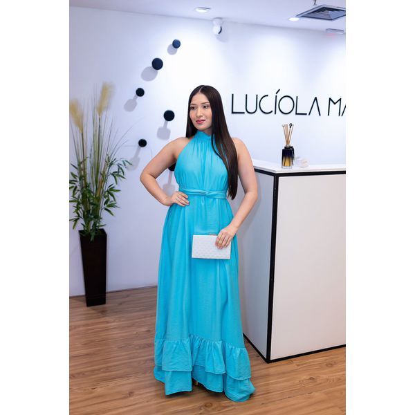 Vestido Longo Kendall em Tecido Viscolinho Azul Água | Modelagem Elegante e Atemporal (36 ao 46) 