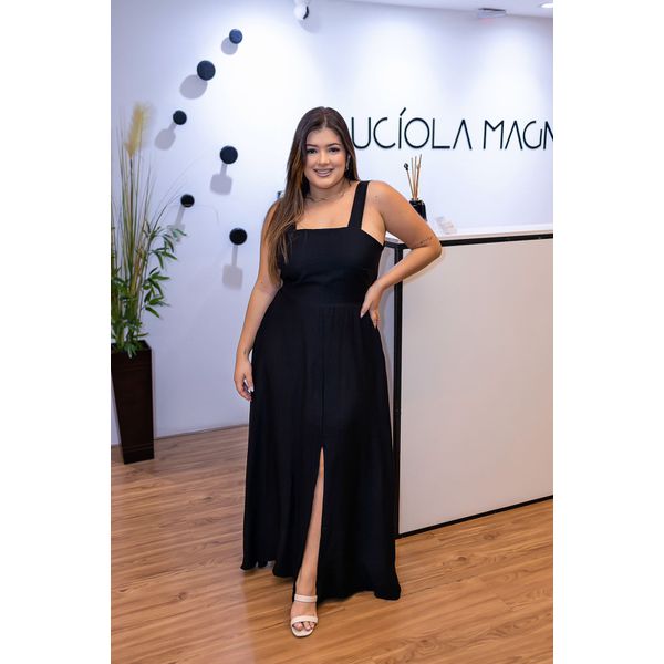 Vestido Longo Letícia em Tecido Linho Preto | Modelagem Casual com Fenda e Bolsos Laterais (36 ao 46) 