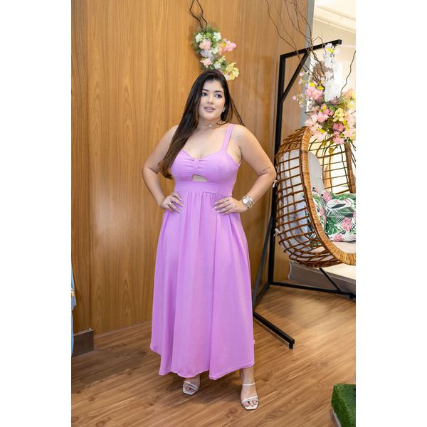 Vestido Maria Midi Crepe Duna Lilás | Decote Princesa, Bojo e Corte Assimétrico – Elegância e Sofisticação do 36 ao 44 