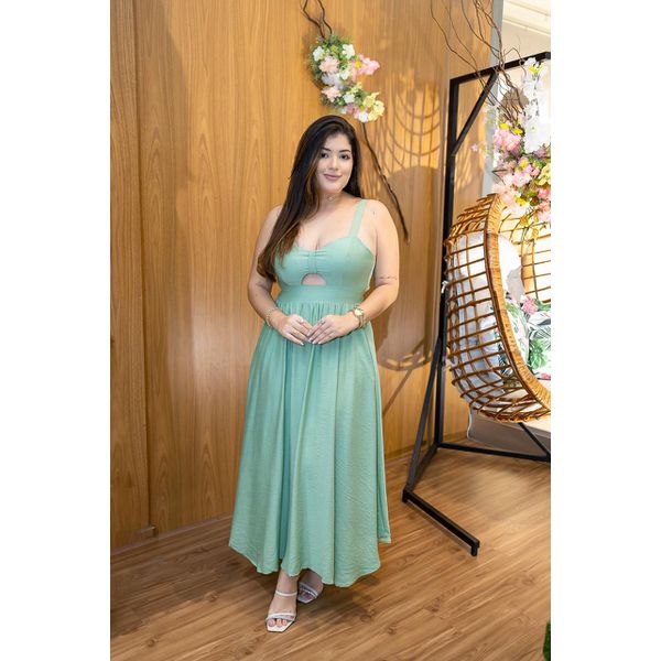 Vestido Maria Midi Viscolinho Verde Menta | Decote Princesa, Bojo e Corte Assimétrico Elegância e Sofisticação do 36 ao 44