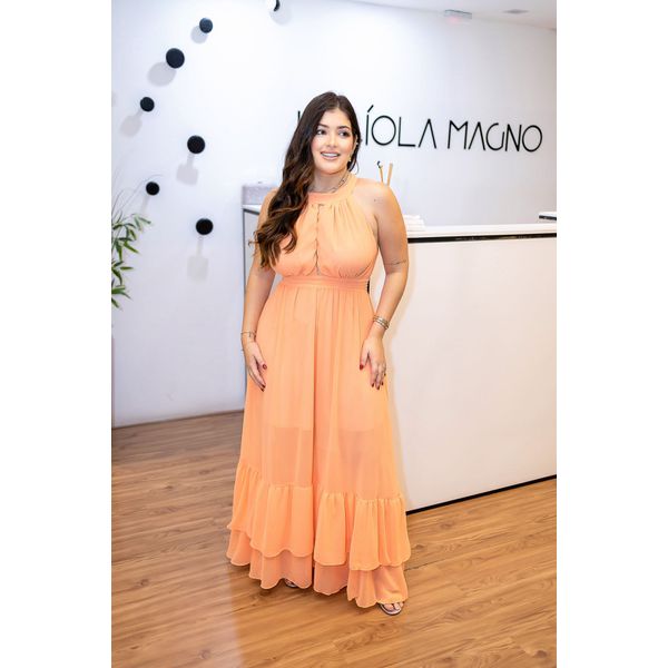 Vestido Nathalia Laranja | Gola Alta e Cintura Marcada – Elegância e Leveza do 36 ao 42 