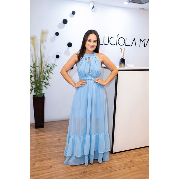 Vestido Nathalia Azul | Gola Alta e Cintura Marcada – Elegância e Leveza do 36 ao 42 