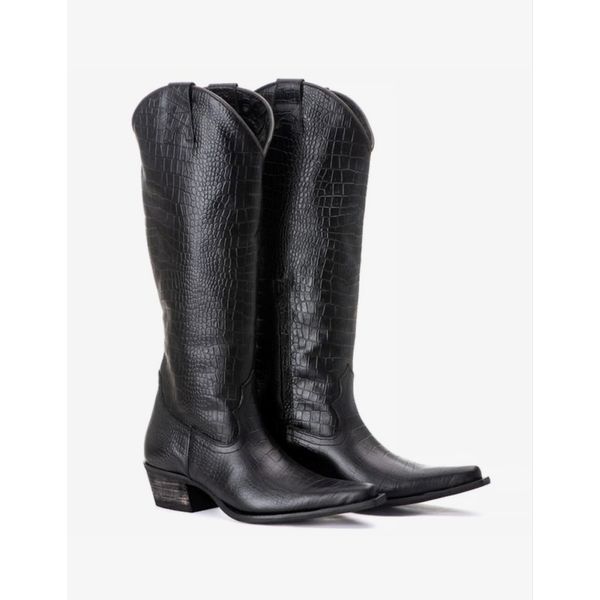 Bota Feminina Texana Tucson - Couro Croco Preto 