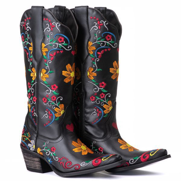 BOTA FEMININA TEXANA - COURO PRETO FLORES
