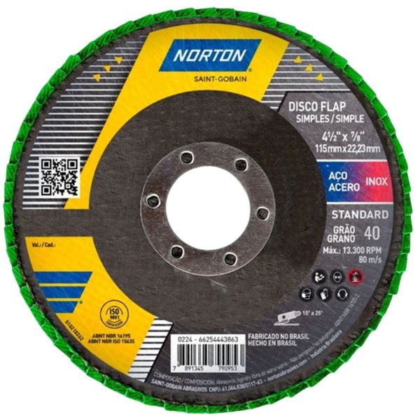 Disco Lixa Flap R244 Standard Grão 40 115 x 22mm 66254443861 Norton