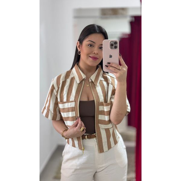 Camisa Listrada Sarja - Marrom e Off White 