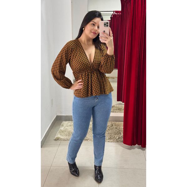 Bata Manga Longa Peplum Xadrez - CARAMELO