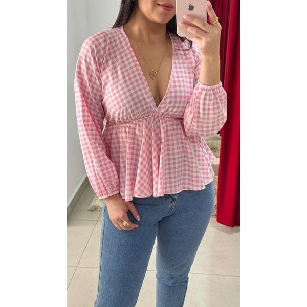 Bata Manga Longa Peplum Xadrez - ROSA