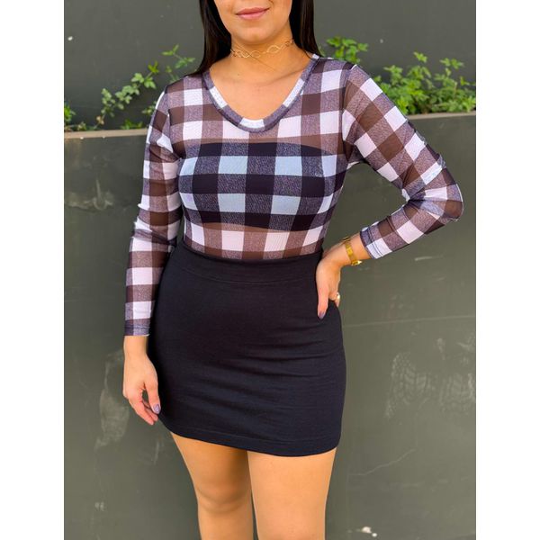 Body Tule Transparência Xadrez - PRETO/BRANCO