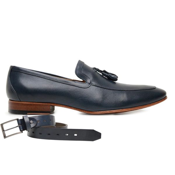 Sapato Social Azul Navy Bambolim em Couro + Cinto de Couro
