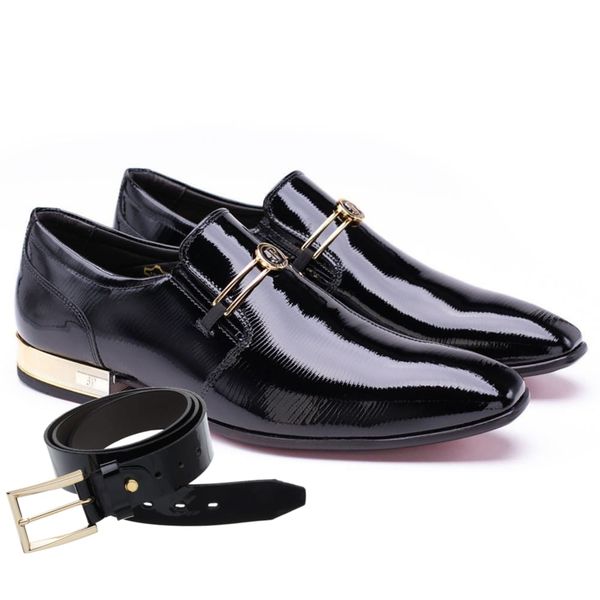 Sapato Social Jota Pe Preto Verniz Montblanc Gold + Cinto de Verniz