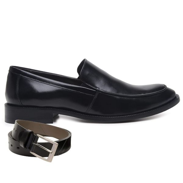 Sapato Social Couro Preto Wood + Cinto de Couro 