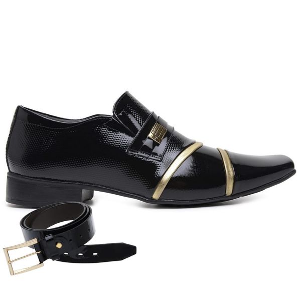 Sapato Social Jota Pe Verniz Preto/Ouro Velho Air Menphis Gold + Cinto de Verniz