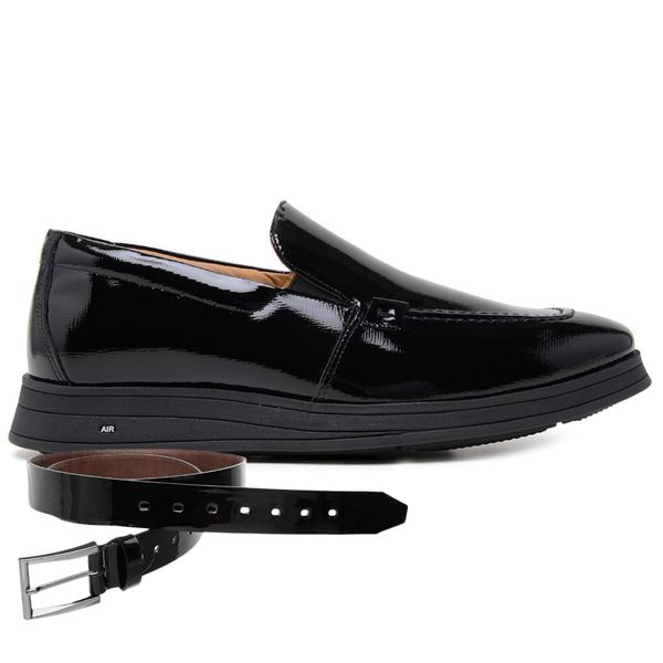 Sapato Jota Pe Casual Preto em Couro Verniz Air Madison + Cinto de Verniz