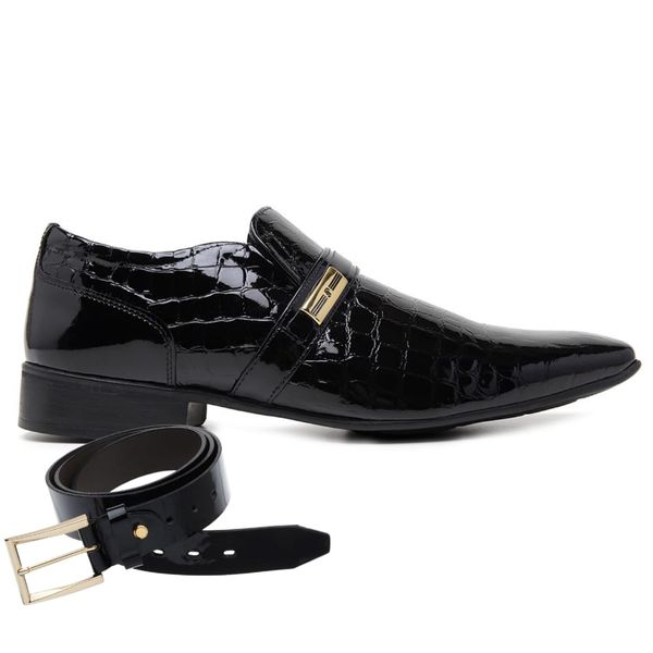 Sapato Social Jota Pe Preto Verniz Air Dixon Gold + Cinto de Verniz