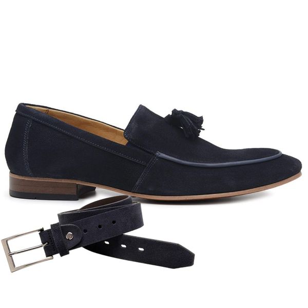 Sapato Social Azul Marinho Bambolim em Couro + Cinto de Couro 