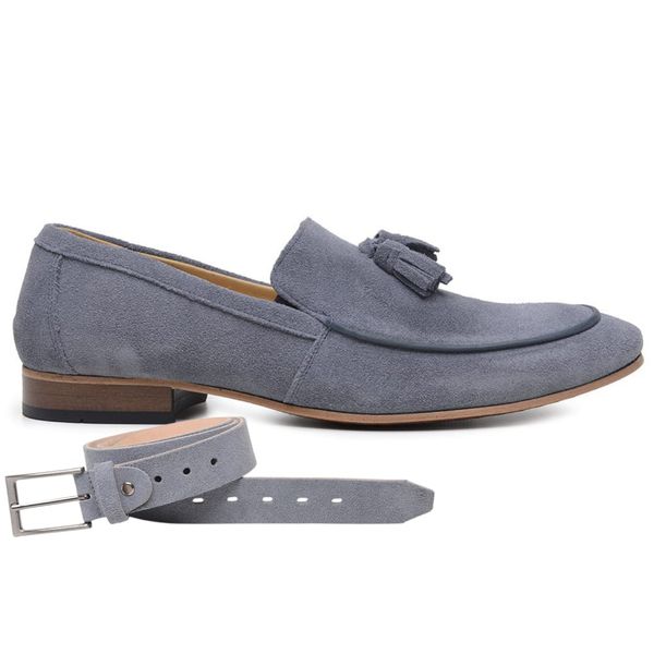 Sapato Social Azul Fenin Bambolim em Couro + Cinto de Couro 