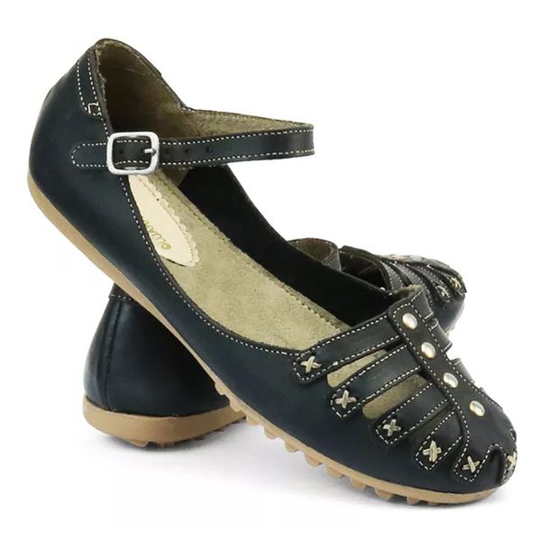 Sapatilha Rasteira Feminina Com Fivela Couro Legítimo Preto