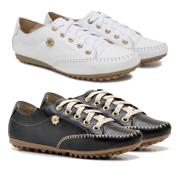 Kit 02 Sapatênis Feminino Couro Legítimo Branco e Preto Haldrys