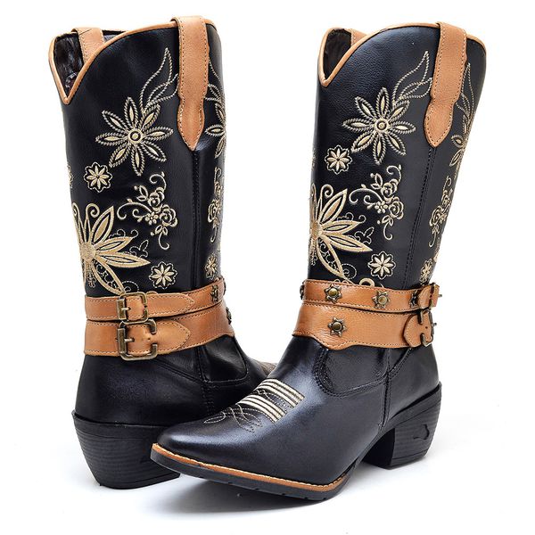 Bota Texana Feminina Cano Longo Bico Fino Preto e Preto Haldrys