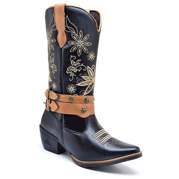 Bota Texana Feminina Cano Longo Bico Fino Preto e Preto Haldrys
