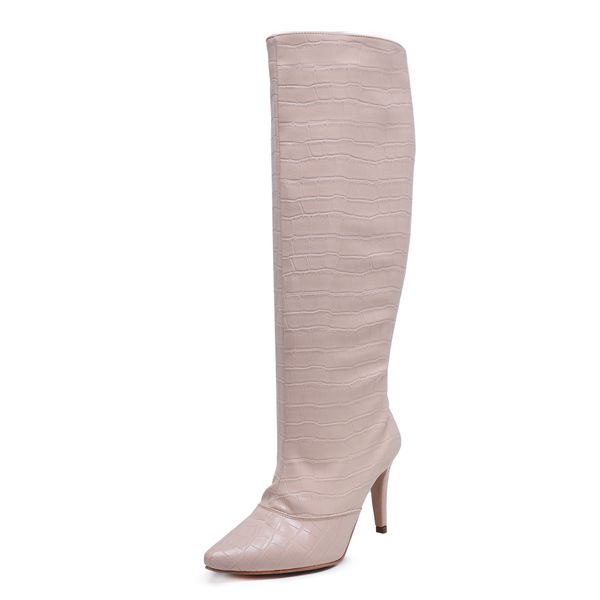 Bota Feminina Salto Fino Cano Alto Craquelê Amêndoa