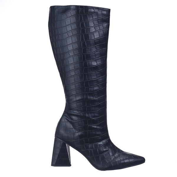 Bota Feminina Cano Longo Salto Tri ngulo Croco Preto Haldrys