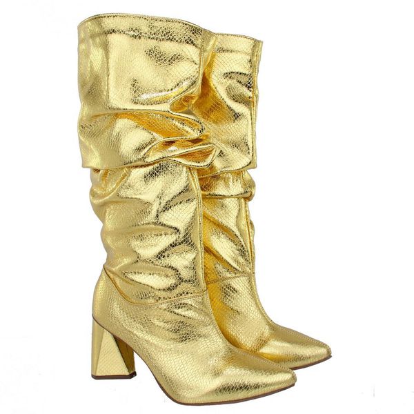 Bota Feminina Slouchy Salto Médio Triangular Cristal Ouro