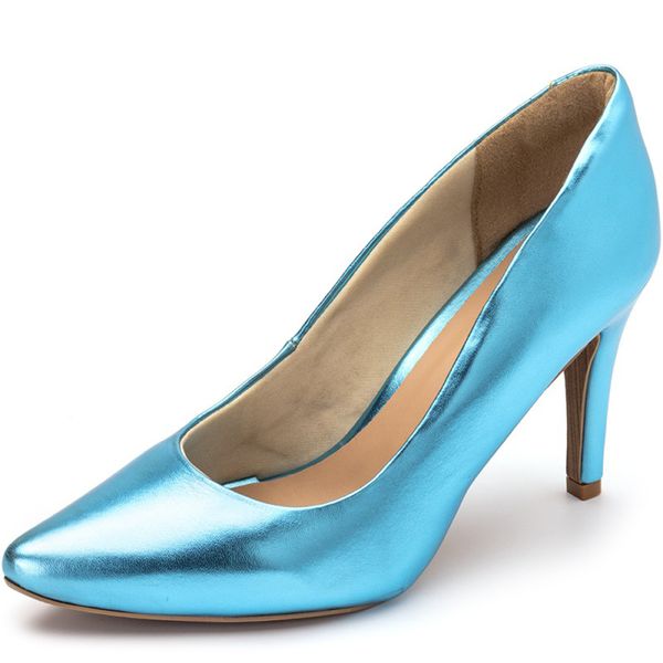 Sapato Scarpin Salto Alto em Napa Metalizada Azul Serenity Haldrys