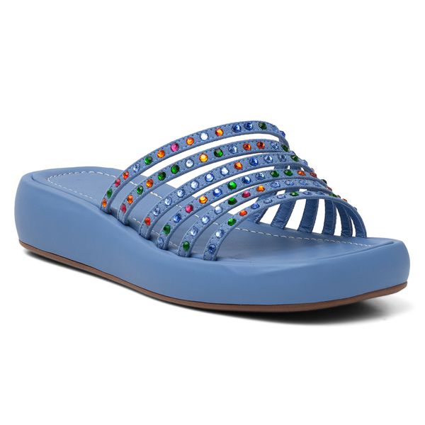 Sandália Tamanco Flat Feminina Com Detalhes Colorido Napa Azul Hidra