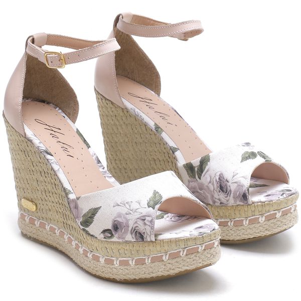 Sand lia Feminina Anabela Floral Couro Leg timo Nude Haldrys