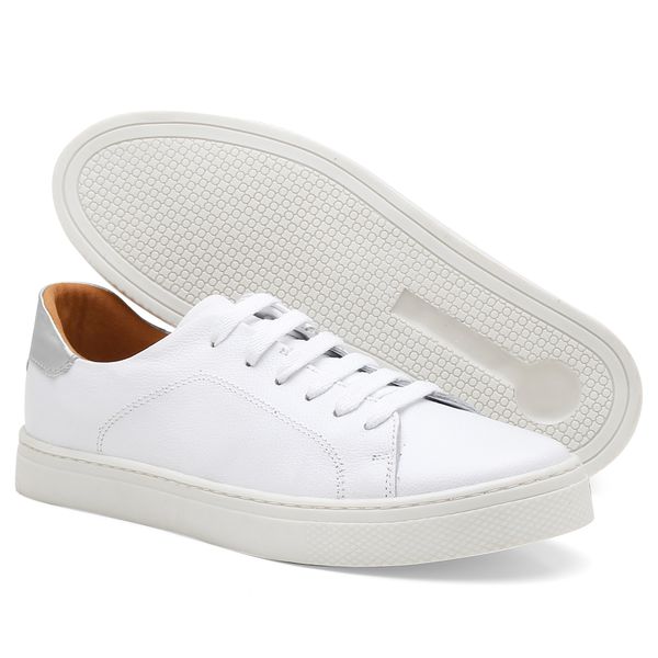 Tênis Casual Feminino Couro Legítimo Branco e Prata Haldrys