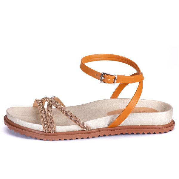 PAPETE SANDÁLIA FLAT FEMININA BIRKEN STRASS CAMEL