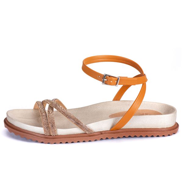 PAPETE SANDÁLIA FLAT FEMININA BIRKEN STRASS CAMEL