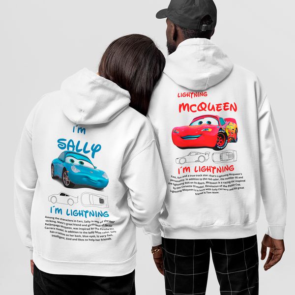 Kit casal Moletons Canguru Relâmpago Mcqueen + Sally Carrera (ALL-WHITE) 