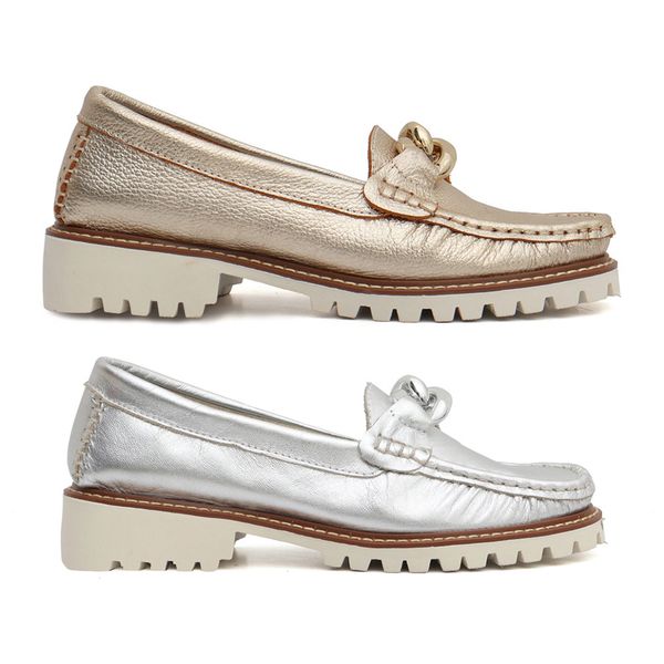 Kit 2 Mocassins com Fivela Feminino em Couro Ouro + Prata