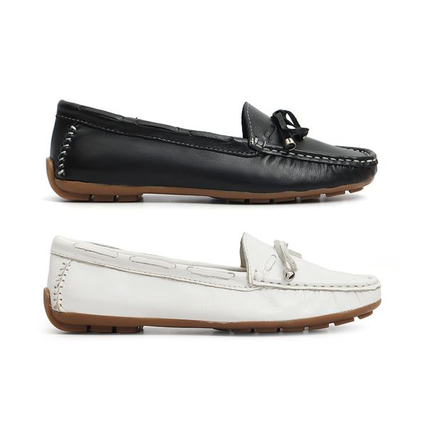 Kit 2 Mocassins Casual Feminino Em Couro Branco+Preto