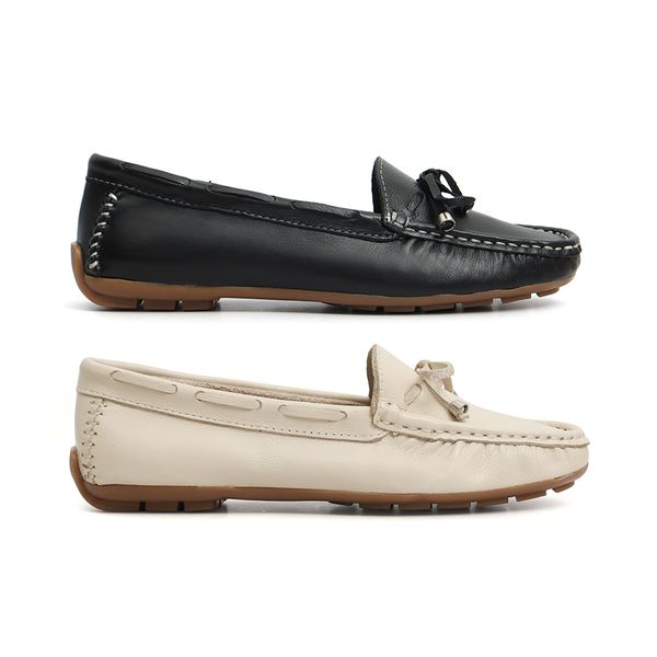 Kit 2 Mocassins Casual Feminino Em Couro Creme+Preto