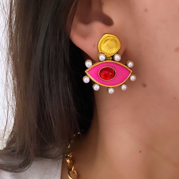 Brinco Olho Turco Pink com Pérolas