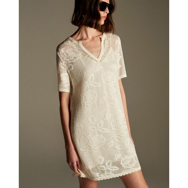 Vestido Curto Rendado Roses Branco Off White