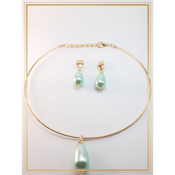 Conjunto folheado à ouro 18k Pérolas Gotas Sintético Verde