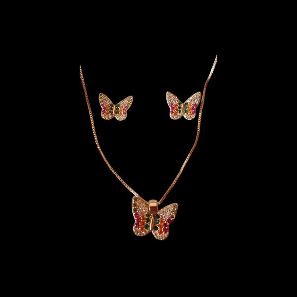 Conjunto de Gargantilha e Par de Brinco Borboleta Microzirconia Colorida