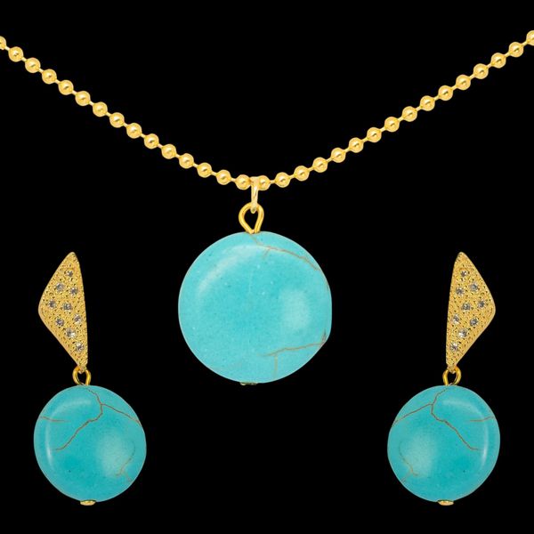 Conjunto folheado à ouro 18k Pedra Natural Turquesa Gargatilha Rabo de rato 
